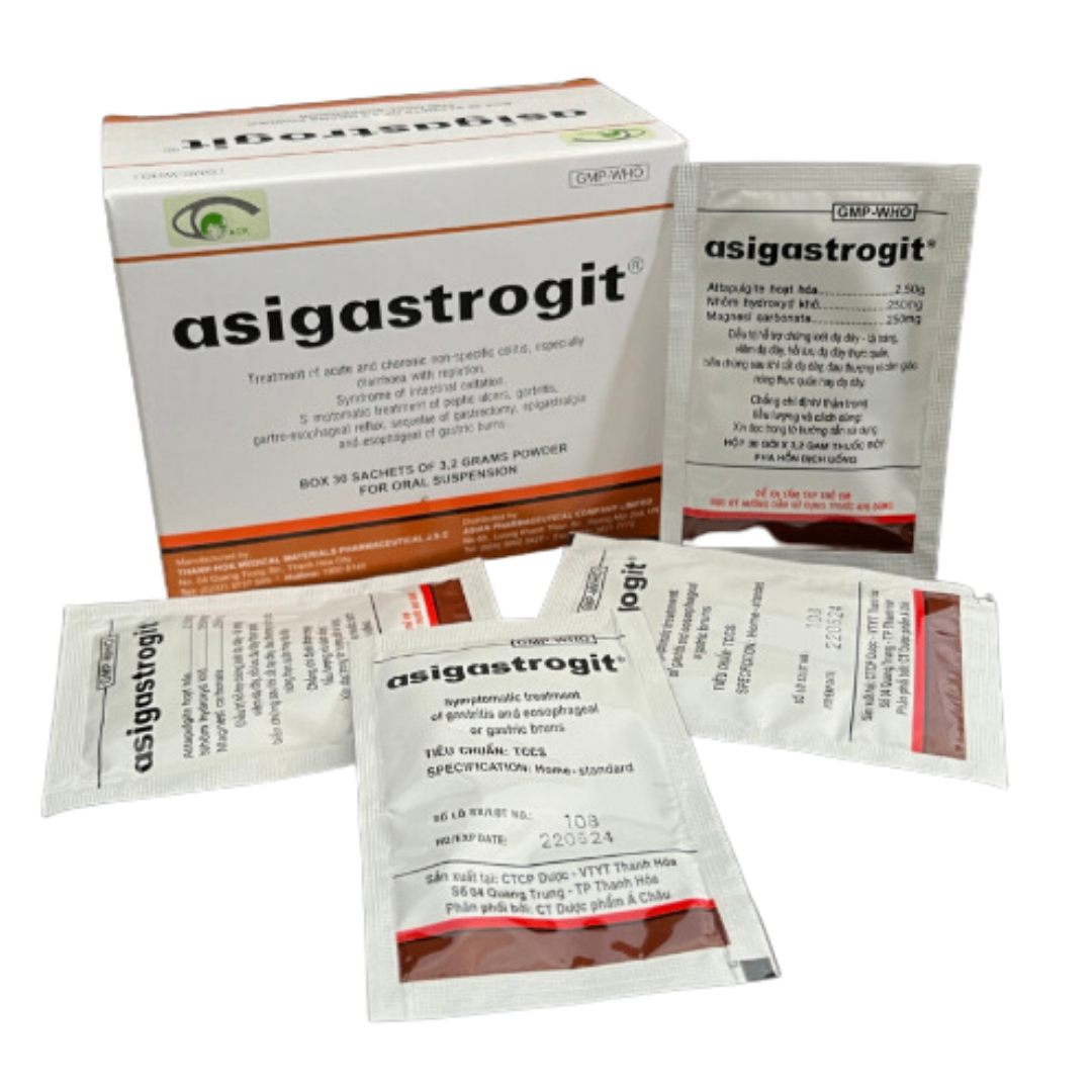 1037. NHÓM A - Asigastrogit (Activatel attapulgite 2.5g + Dried aluminium hydroxide 250mg + Magnesi carbonate 250mg; Hộp 30 gói x 3,2g thuốc bột, Thùng 60h) Thanh Hoá