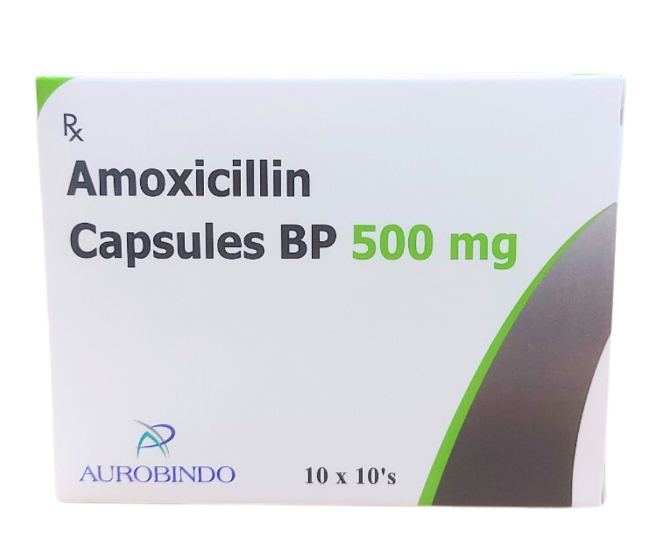 1018. Nhóm B - Amoxicillin Capsules BP 500mg (Amoxicillin 500mg; Hộp 10 vỉ bấm x 10 viên nang cứng, Thùng 64h) Aurobindo Pharma LTD