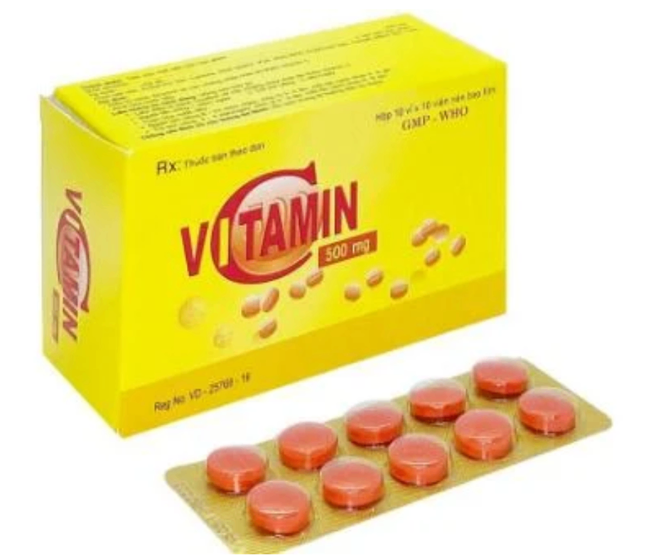 1090. VITAMIN C 500mg (Vitamin C 500mg; Hộp 10 vỉ bấm x 10 viên nén bao phim, thùng 112h) Quảng Bình