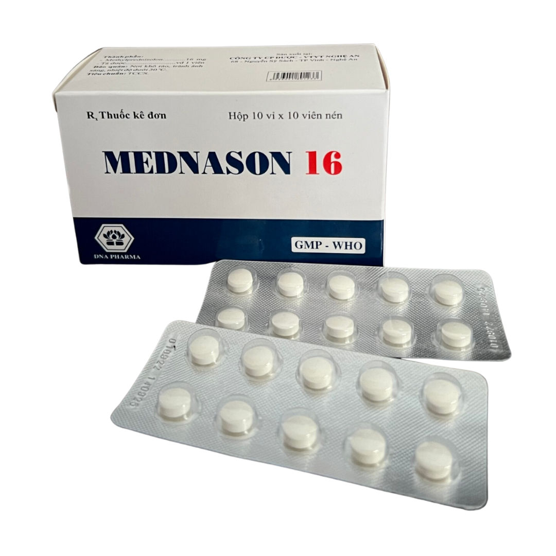 1028. NHÓM A - MEDNASON 16 (Methylprednisolon 16mg, Hộp 10 vỉ bấm x 10 viên nén bao phim, Thùng 200h) Dược -VTYT Nghệ An