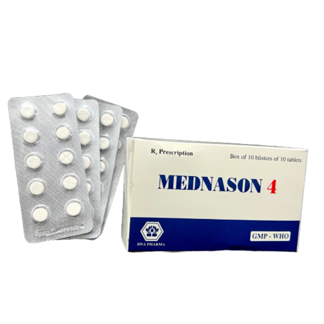 1027. NHÓM A - MEDNASON 4 (Methylprednisolon 4mg, Hộp 10 vỉ bấm x 10 viên nén bao phim, Thùng 200h) Dược -VTYT Nghệ An