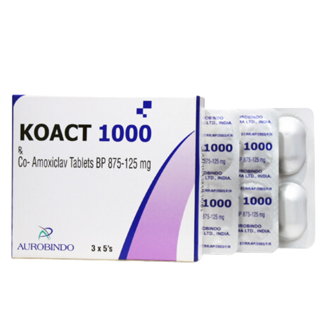 1017. NHÓM A - Koact 1000 (Amoxicilin 875mg + Acid Clavulanic 125mg; Hộp 3 vỉ nhôm x 5 viên nén bao phim, Thùng 72h) Aurobindo Pharma LTD