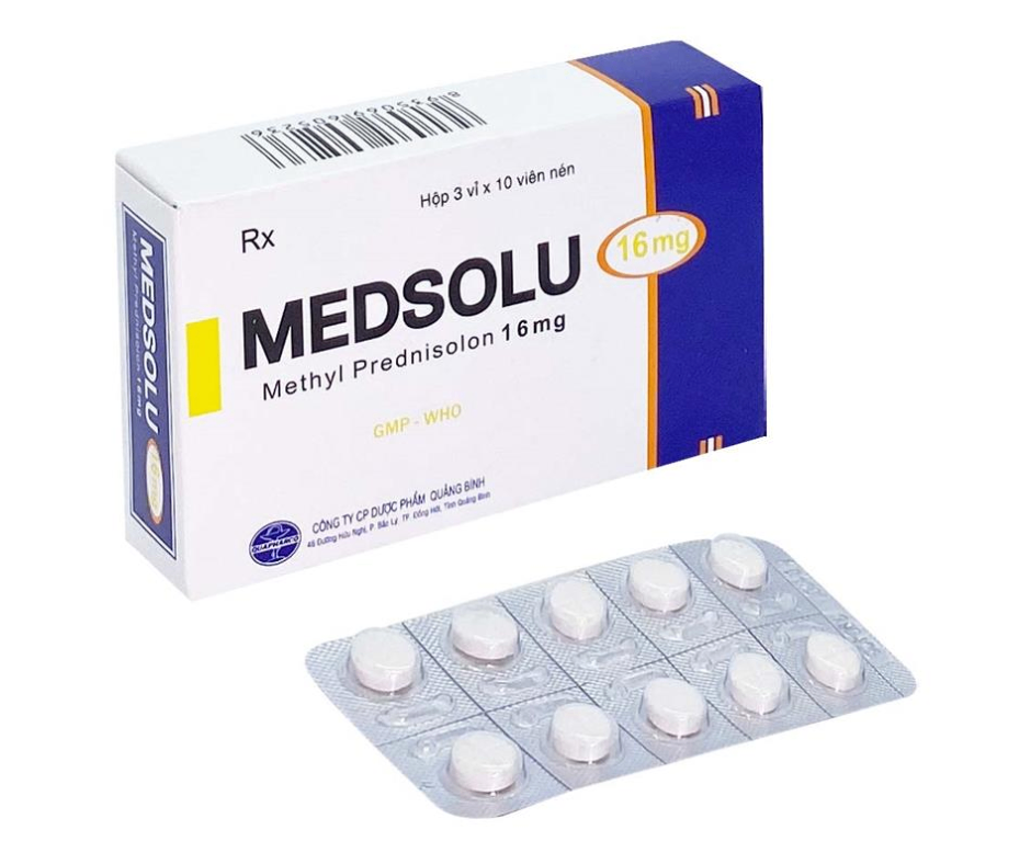 1049. MEDSOLU 16mg (MethylPrednisonlon 16mg; Hộp 3 vỉ bấm x 10 viên nén bao phim, thùng 216h) Quảng Bình