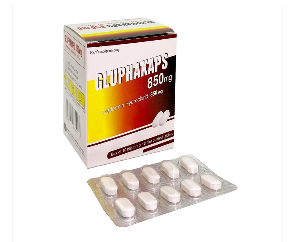 1025. NHÓM B - GLUPHAKAPS 850mg (Metformin 850mg; Hộp 10 vỉ x 10 viên nén bao phim, Thùng 64h) Quảng Bình