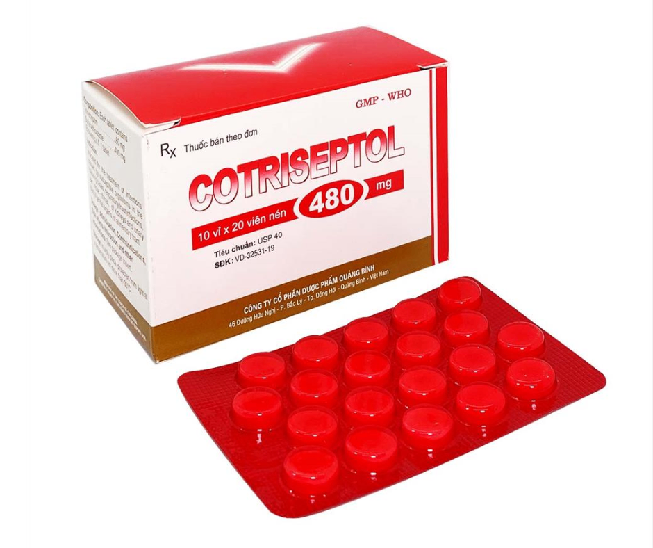 1082. COTRISEPTOL 480 (Sulphamethoxazole 400mg + Trimethoprim 80mg; Hộp 10 vỉ bấm x 20 viên nén bao phim, Thùng 68h) Quảng Bình