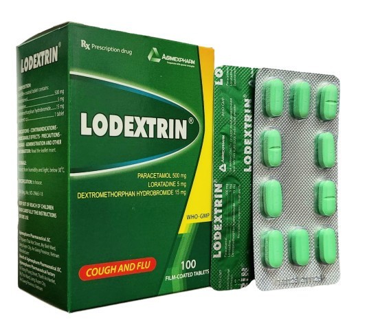1100. Lodextrin (Paracetamol 500mg + Loratadine 5mg +  Dextromethorphan 15mg,  Hộp 10 vỉ x 10 viên nén bao phim, Thùng 105h) Agimexpharm
