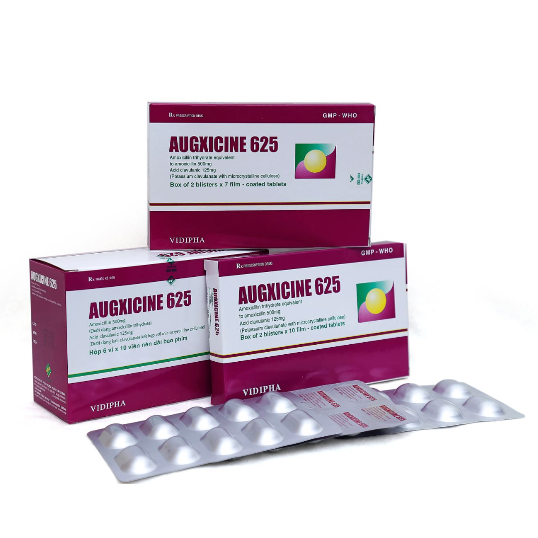 1109. Augxicine 625 (Amoxicilin 500mg + Acid clavulanic 125mg; Hộp 6 vỉ nhôm x 10 viên nén bao phim, Thùng 42h) Vidipha