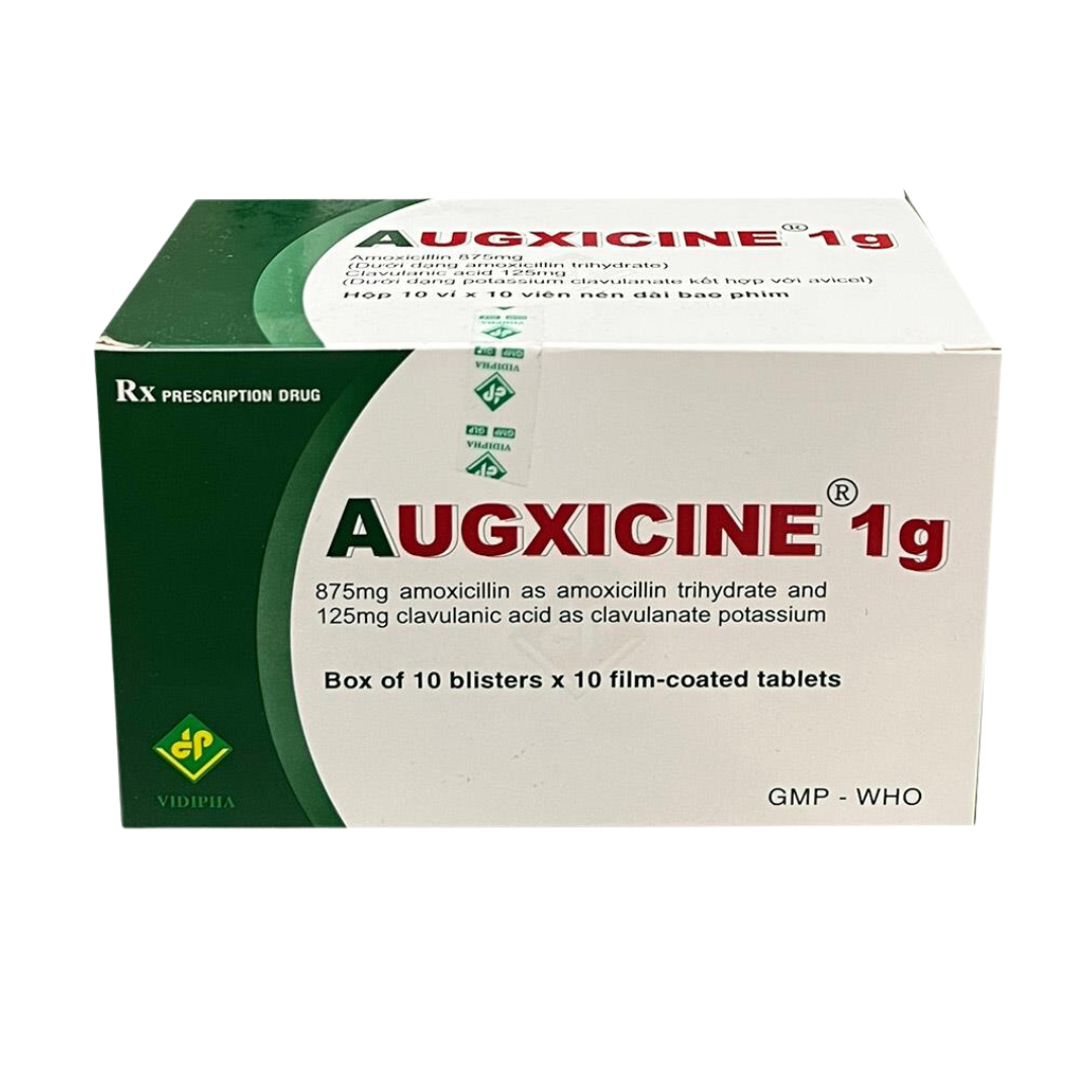 1110. AUGXICINE 1g (Amoxicilin 875mg + Acid clavulanicl 125mg; Hộp 10 vỉ nhôm x 10 viên nén bao phim, Thùng 24h) Vidipha