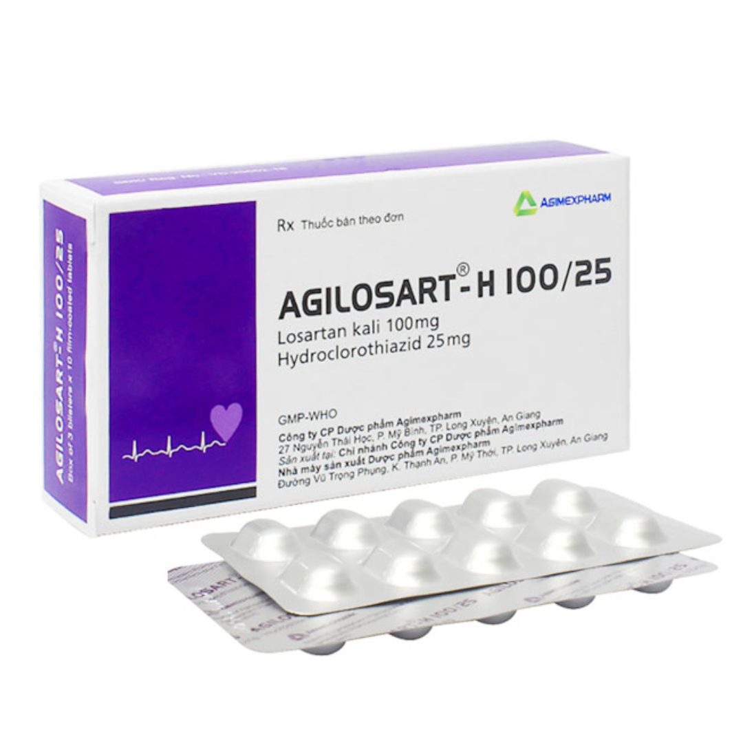 1138. AGILOSART-H 100/25 (Losartan kali 100mg + Hydroclorothiazid 25mg; Hộp 3 vỉ nhôm x 10 viên nén bao phim, Thùng 200h) Agimexpharm