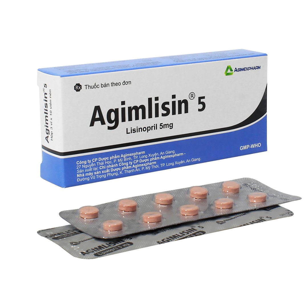 1140. Agimlisin 5 (Lisinopril 5mg; Hộp 3 vỉ bấm x 10 viên nén bao phim, Thùng 360h) Agimexpharm