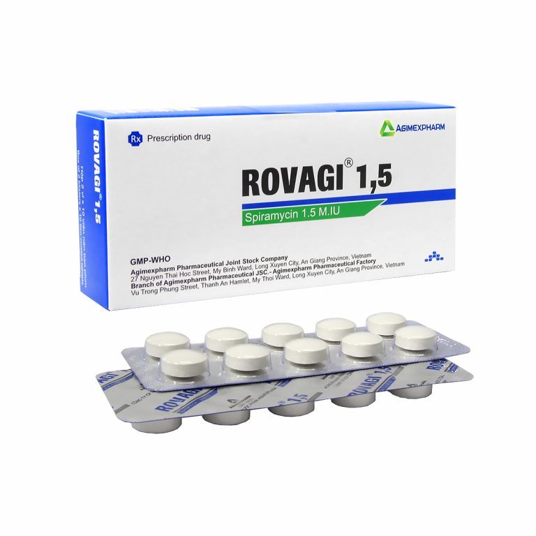 1196.NHÓM A - ROVAGI 1.5 (Spiramycin 1,5 M.IU; Hộp 2 vỉ bấm x 10 viên nén bao phim, Thùng 300h) Agimexpharm