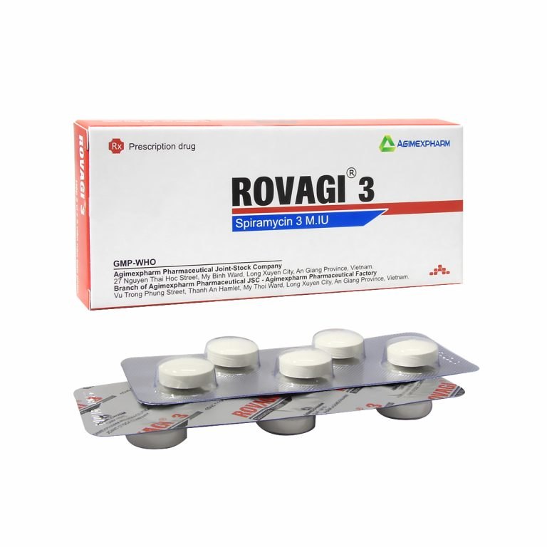 1197. NHÓM A - Rovagi 3Miu (Spiramycin 3 M.IU; Hộp 2 vỉ bấm x 5 viên nén bao phim, Thùng 250h) Agimexpharm