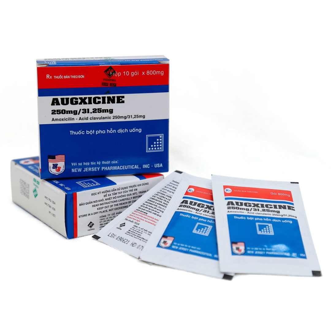 1320. NHÓM A - Augxicine 250mg/31,25mg (Amoxicilin 250mg + Acid clavulanic 31,25mg; Hộp 10 gói x 800mg, Thùng 210h) Vidipha
