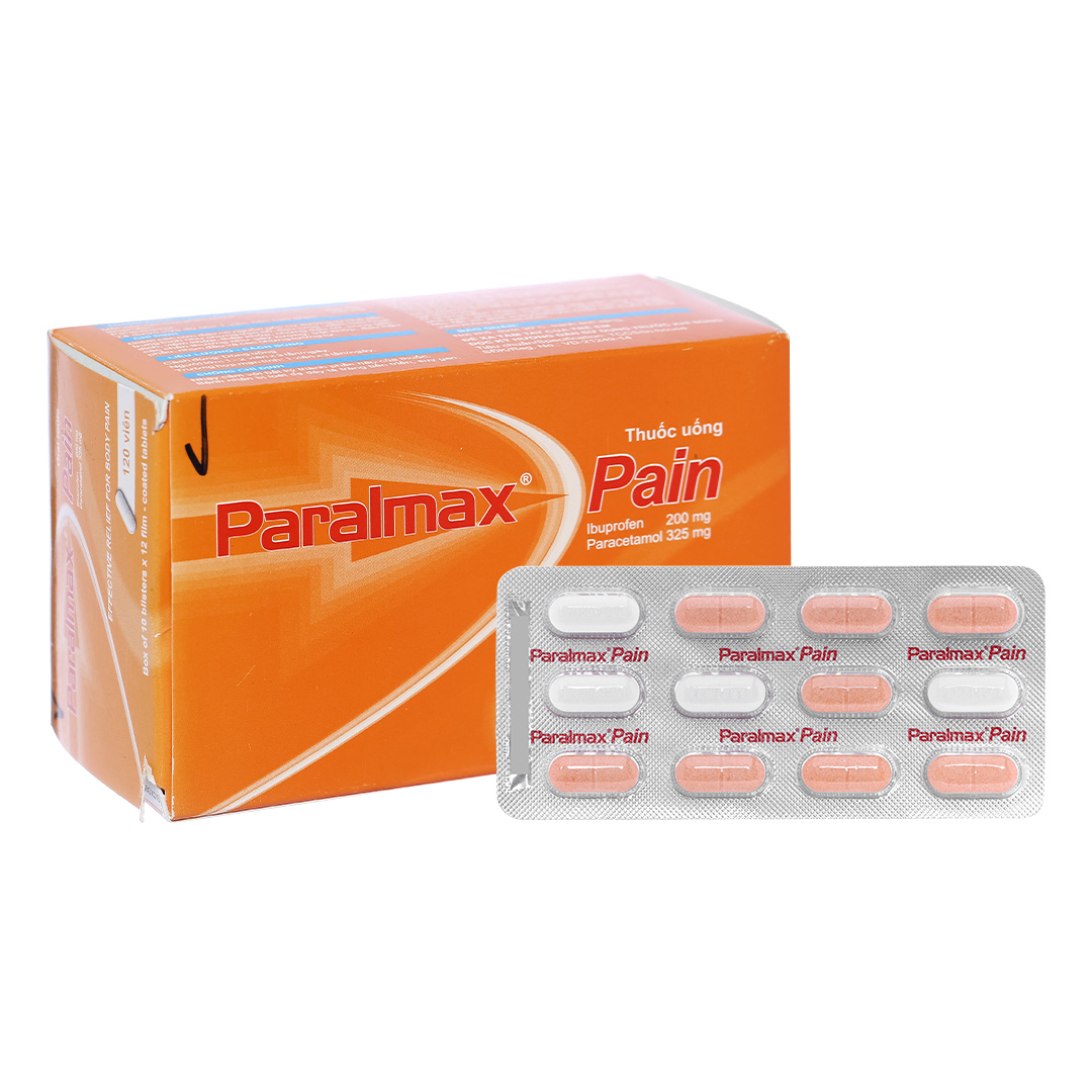 1586. Paralmax® Pain (Paracetamol 325mg + Ibuprofen 200mg, Hộp 10 vỉ bấm x 12 viên nén bao phim, Thùng 80h) Bostonpharma