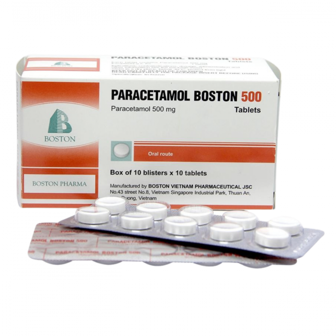 1590. Paracetamol Boston 500 (Paracetamol 500mg, Hộp 10 vỉ bấm x 10 viên nén bao phim, Thùng 96h) Bostonpharma