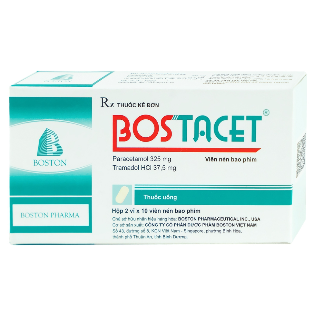 1710. (KSĐB) Bostacet® (Paracetamol 325mg, Tramadol HCl 37.5mg; Hộp 2 vỉ x 10 viên nén bao phim, Thùng 285h) Bostonpharma