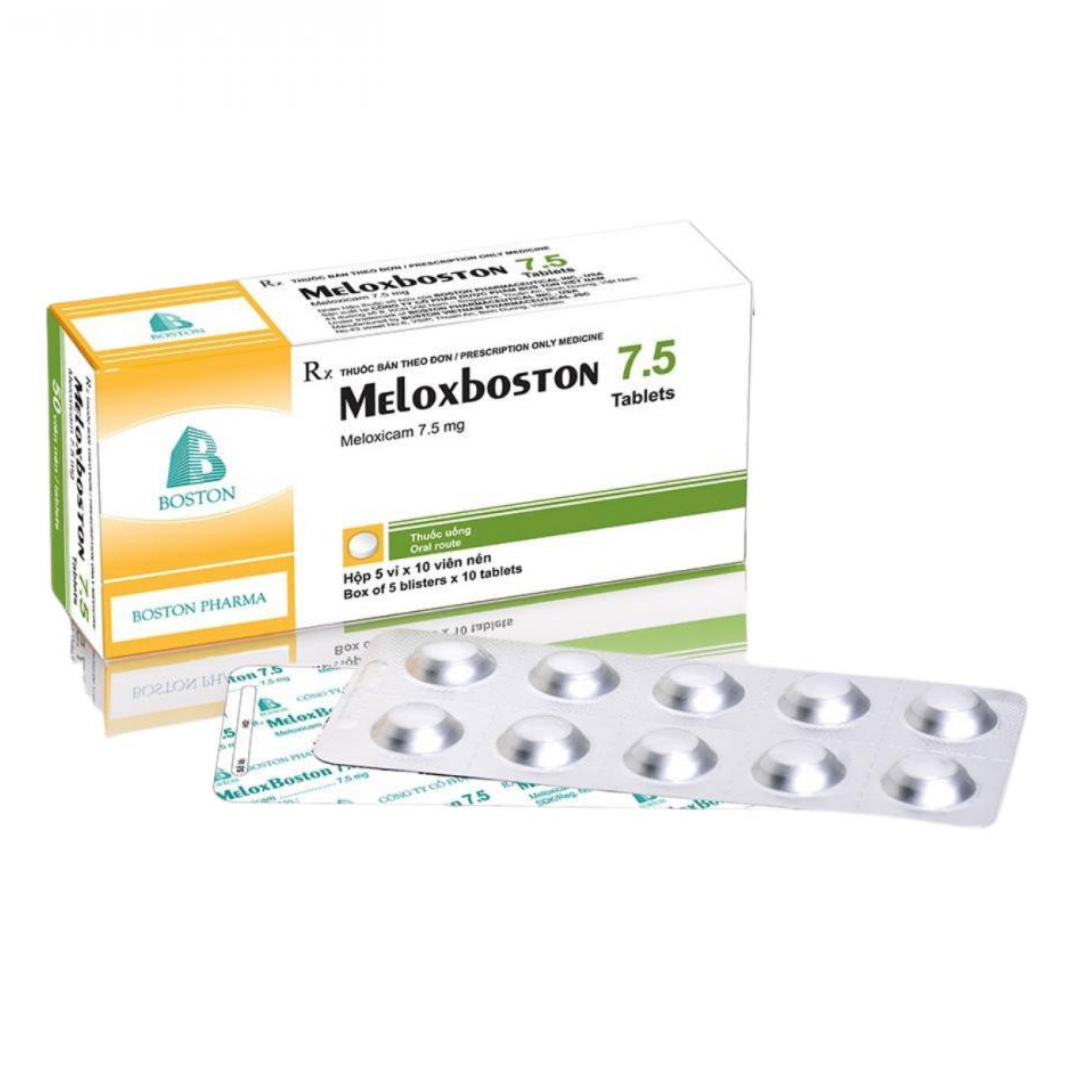 1601. Meloxboston 7.5 (Meloxicam 7.5mg, Hộp 10 vỉ nhôm x 10 viên nén bao phim, Thùng 105h) Bostonpharma