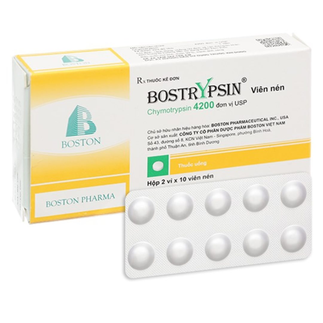 1608. Bostrypsin® viên nén (Chymotrypsin 4200 đơn vị USP, H 10 vỉ nhôm x  10 viên nén bao phim, Thùng 105h) Bostonpharma