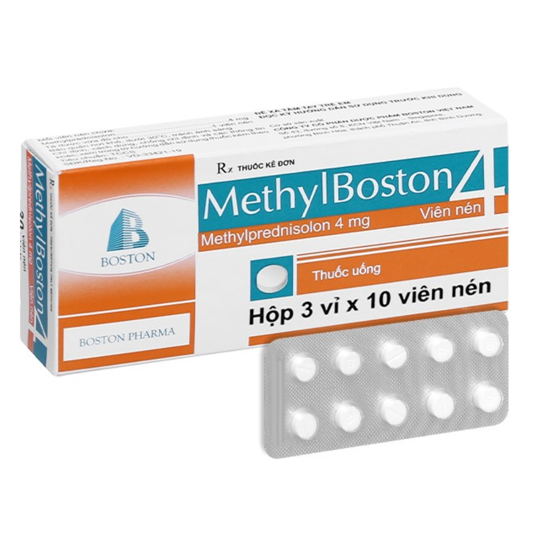 1638. MethylBoston 4 (Methylprednisolon 4mg, Hộp 3 vỉ bấm x 10 viên nén bao phim, Thùng 528h) Bostonpharma