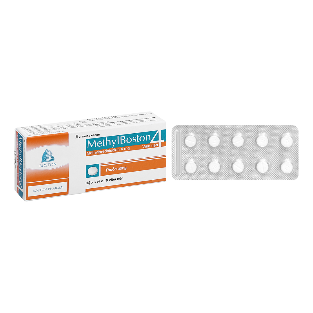 1639. MethylBoston 4 (Methylprednisolon 4mg, Hộp 10 vỉ bấm x 10 viên nén bao phim, Thùng 120h) Bostonpharma