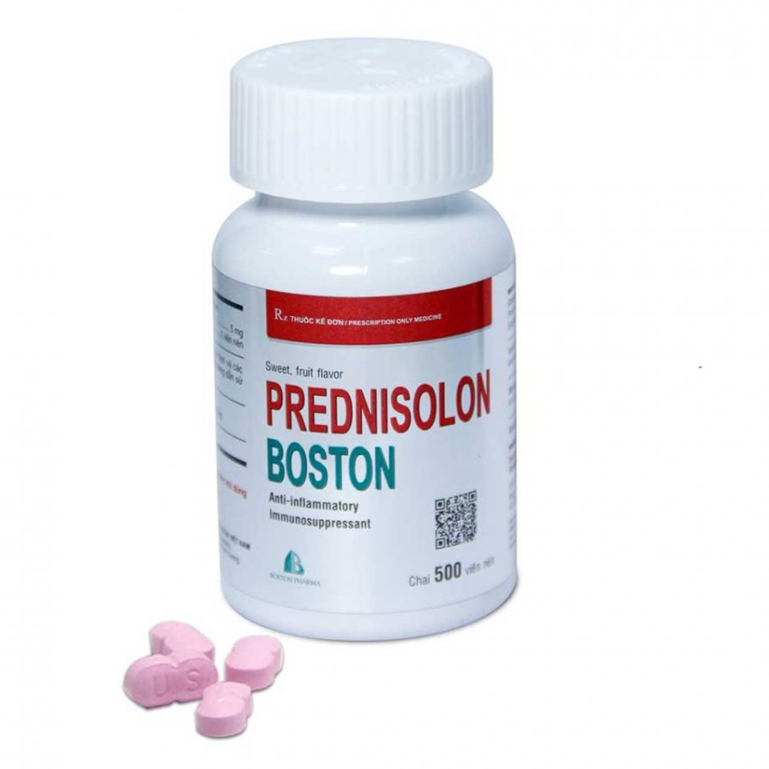 1643. PREDNISOLON BOSTON (Prednisolon 5mg, Chai 500 viên nén bao phim mùi dâu, Thùng 120c) Bostonpharma