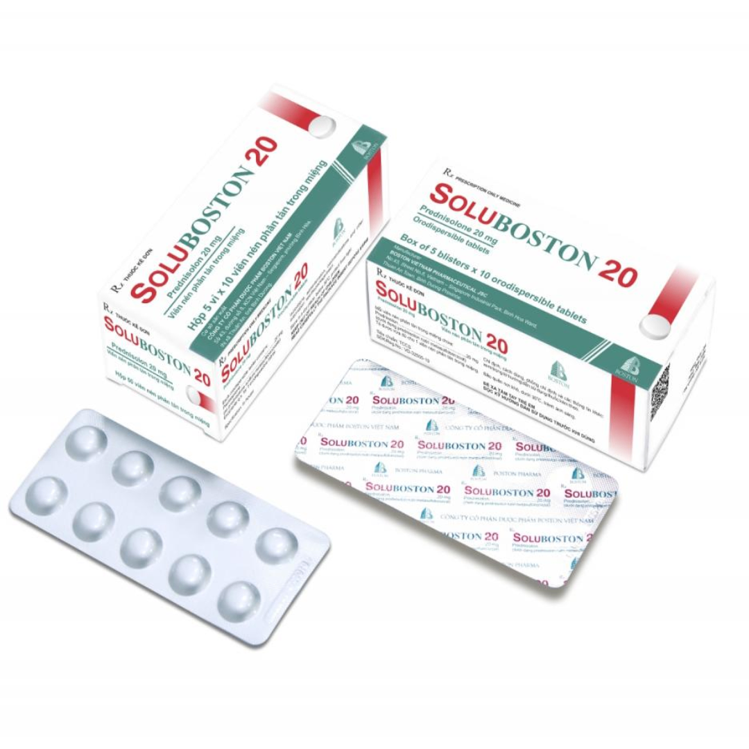 1645. SOLUBOSTON 20 (Prednisolon 20 mg, Hộp 5 vỉ nhôm x 10 viên nén phân tán, Thùng 128h) Bostonpharma
