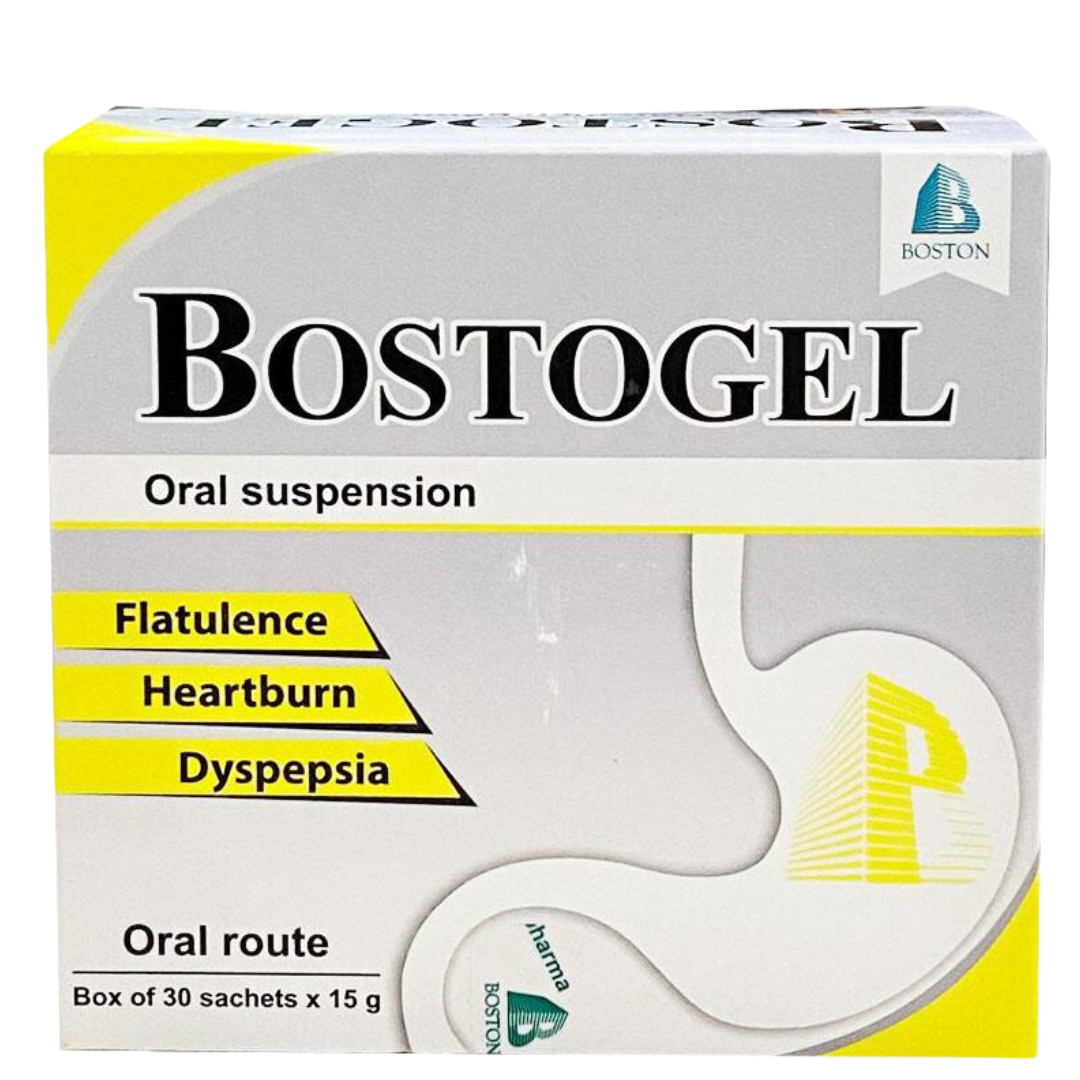 1620. Bostogel (Nhôm hydroxyd gel 20% 1759,5 mg + Magnesi hydroxyd paste 31% 1290,32 mg + Simethicon emulsion 30% 166,66 mg; Hộp 30 gói x 15g, Thùng 20h) Bostonpharma