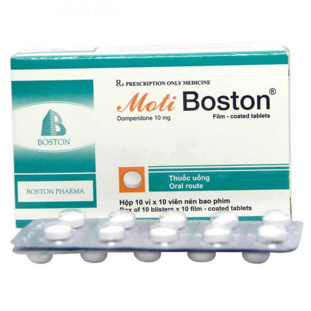 1621. Motiboston (Domperidon 10mg, Hộp 10 vỉ bấm x 10 viên nén bao phim; Thùng 175 hộp) Bostonpharma