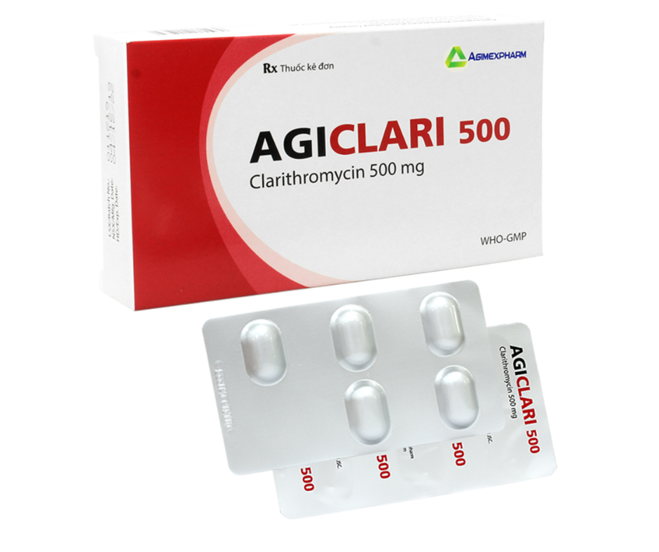 3287. Agiclari 500 (Clarithromycin 500mg; Hộp 2 vỉ bấm x 5 viên nén bao phim, thùng 144h) Agimexpharm