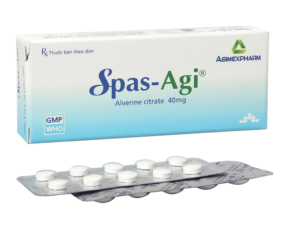 3915. NHÓM A - SPAS-AGI 40 (Alverin citrat 40mg; Hộp 3 vỉ bấm x 10 viên nén bao phim, Thùng 360h) Agimexpharm