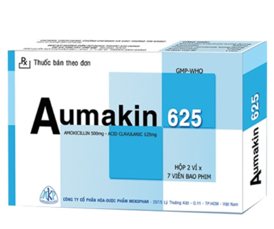 3994. NHÓM A - Aumakin 625 (Amoxicilin 500mg + Acid clavulanic 125mg, Hộp 2 vỉ nhôm x 7 viên nén bao phim, Thùng 66h) Mekophar
