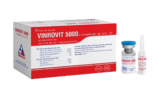 4371. VINROVIT 5000 (Thiamine hydrochloride 50mg + Pyridoxin HCL 250mg + Cyanocobalamin 5mg; Hộp 4 lọ BĐK + 4 ống nước cất tiêm 5 ml, Thùng 60h) Vinphaco