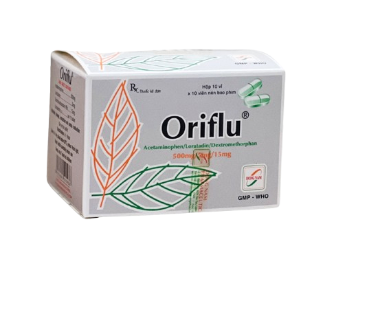 4437. NHÓM A - Oriflu (Acetaminophen 500mg + Loratadin 5mg + Dextromethorphan 15mg; Hộp 10 vỉ bấm x 10 viên nén bao phim, Thùng 100 hộp) Đông Nam