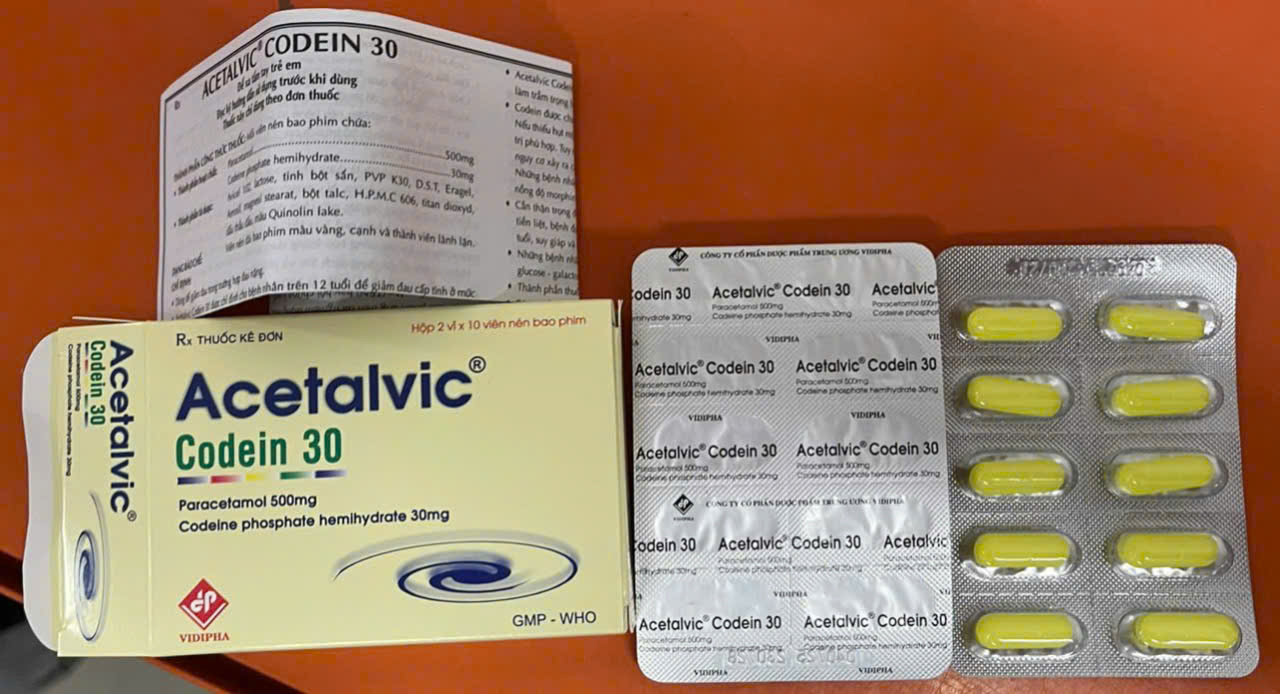 5330.(KSĐB) Acetalvic Codein 30 (Paracetamol 500mg + Codein phosphat hemihydrat 30mg; Hộp 02 vỉ x 10 viên; Thùng 440h) Vidipha
